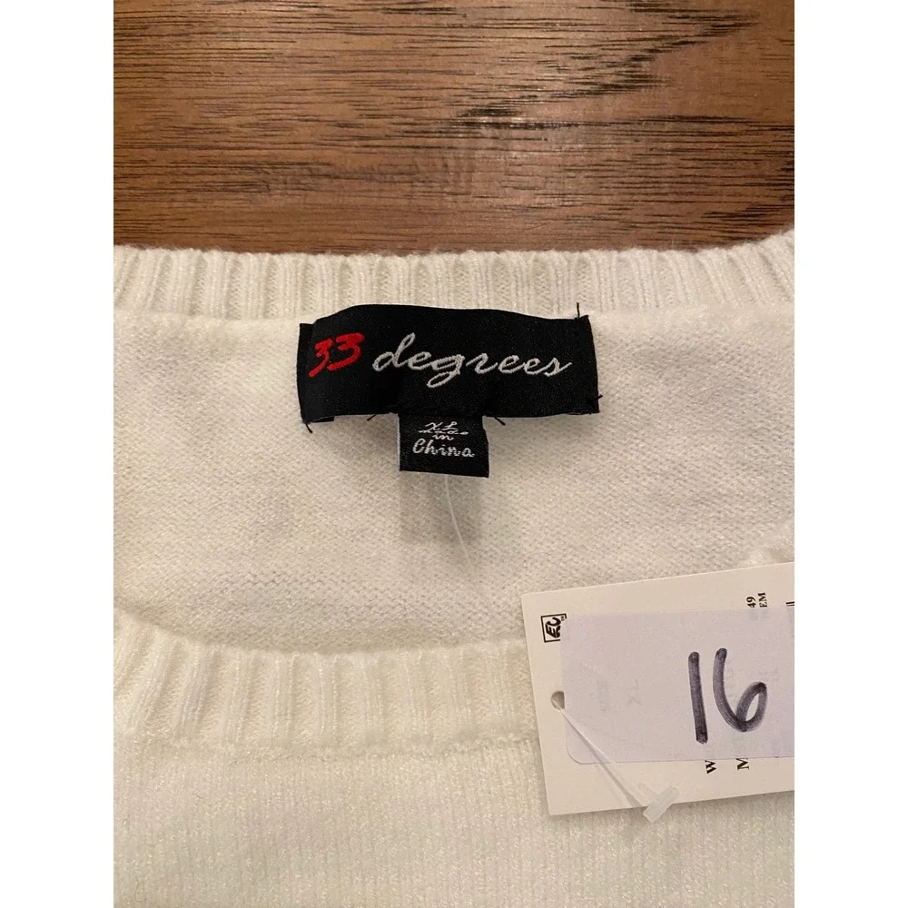 33 Degrees Womens White Love Heart Embroidered Crewneck Sweater XL New